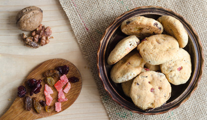 Healthy homemade cookies and some of the ingredients - top view