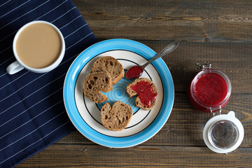 coffee slices of baguette with jam