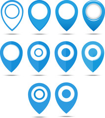 Set of 12 blue geo pins. Geolocation signs set. Geolocate and navigation sign.