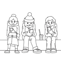Young people and middle-aged woman isolated. Sit on the bench. Attention to each other do not pay. Listen to music, chatting on the Internet.