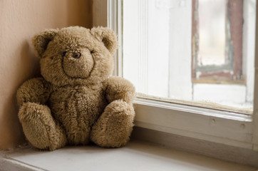 Brown teddy bear in the window light - horizontal view