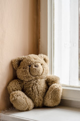 Brown teddy bear in the window light - vertical view
