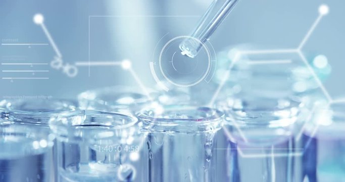 In a laboratory, a scientist with a pipette analyzes a colored liquid to extract the DNA and molecules in the test tubes. Concept: research, biochemistry, nature, pharmaceutical medicine