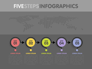 Business infographics template. Timeline with 5 circle arrow steps, five number options. World Map in background. Vector element