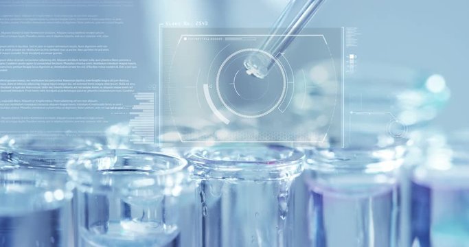 In a laboratory, a scientist with a pipette analyzes a colored liquid to extract the DNA and molecules in the test tubes. Concept: research, biochemistry, nature, pharmaceutical medicine