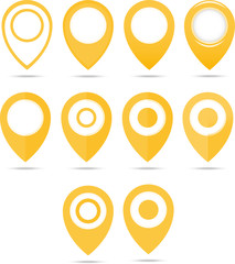 Set of 12 yellow geo pins. Geolocation signs set. Geolocate and navigation sign.