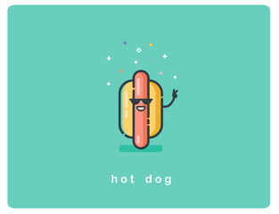 Vector flat icon of hot dog character with sunglasses and smile