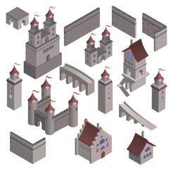 Set Medieval fortress fort. Isometric view vintage medieval building home. 