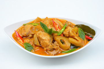 spicy bamboo shoot with chicken in coconut cream and red curry
