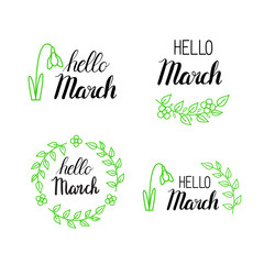 Vector hello march lettering with green leaves and blossom