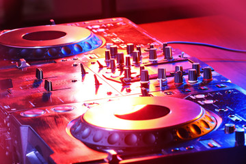 Dj mixer in nightclub, closeup