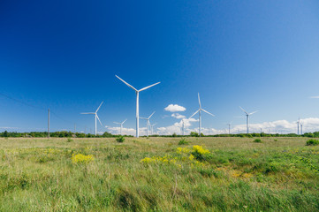 Countryside meadow with wind turbines generating electricity