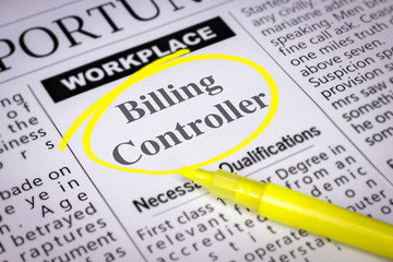 Obraz premium Billing Controller - Newspaper sheet with ads and job search, circled with yellow marker, Blurred image and selective focus