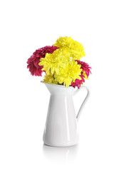 Vase with bouquet of beautiful flowers on white background