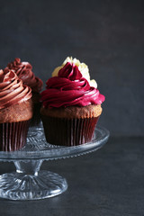 Glass stand with tasty chocolate cupcakes on dark background, close up