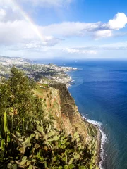 Fotobehang Cliff line Cabo Girao, view of Funchal, rainbow, Portugal, Madei © visualpower