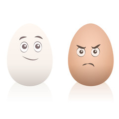 Comic eggs with faces - one is happy, one is angry. Isolated vector cartoon illustration on white background.