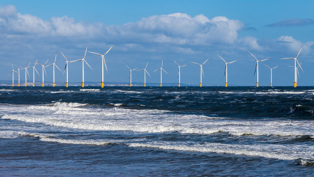 North Sea coast and wind turbines in Redcar, Redcar and Cleveland, UK