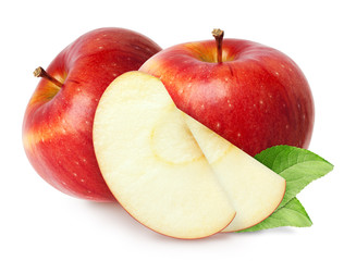 Isolated apples. Two red apple fruit with slices (cut) isolated on white with clipping path