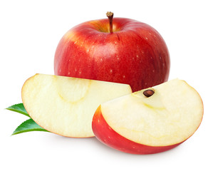 Isolated apples. Whole red apple fruit with slice (cut) with leaves isolated on white with clipping path