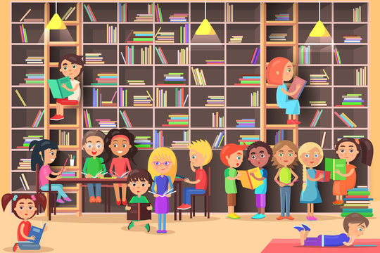 Children Read in the Library Vector Illustration.