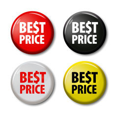 Set of round buttons with words 'Best Price' with S like dollar sign. Four colored circles on white background with shadows. Plastic label with discount offer. Realistic vector illustration.