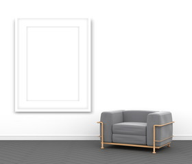 Single blank white picture frame and textile armchair