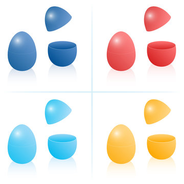 Easter egg boxes, closed and opened to be filled - dark and light blue, red and orange. Three-dimensional isolated vector illustration on white background.