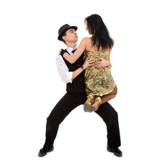 Cabaret dancer couple dancing. Isolated on white background in full length.