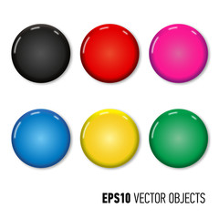 Set of six colored pin magnets (badges). Office equipment. Realistic vector illustration.