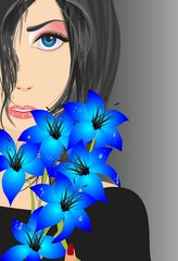 Kompozycjaz kobietą i niebieskimi kwiatami - obrazy, fototapety, plakaty
