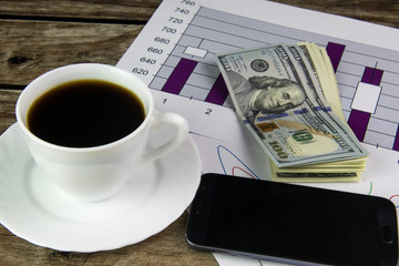 White cup of black coffee, graphics, phone and dollars