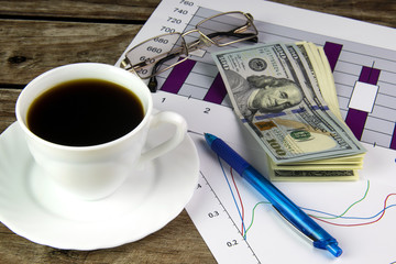 White cup of black coffee, graphics and dollars