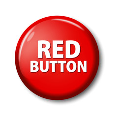 Glossy red round button on white background with shadow. Bright plastic circle. Realistic vector illustration.