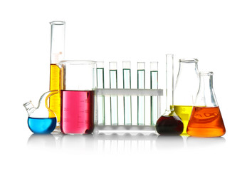 Test tubes and flasks on white background