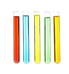 Test tubes with colourful samples isolated on white