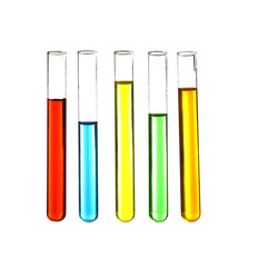 Test tubes with colourful samples isolated on white