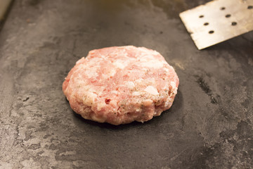 Cooking of Pork Hamburger on Pan