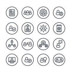 Human resources and management line icons in circles over white, HR, personnel, staff rotation, interaction, coaching, hiring, vacancy, resume