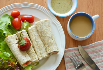 bread roll and salad dipping sauce with coffee breakfast food set