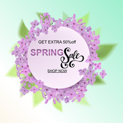 Advertisement about the spring sale on defocused background with beautiful cherry blossom. Vector illustration.