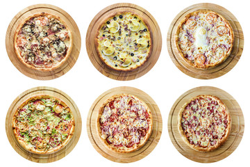 Different kinds of pizza on a white background