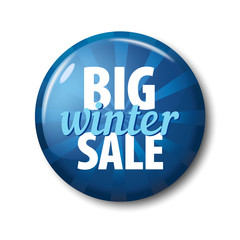 Bright blue round button with words 'Big Winter Sale' on white background with transparent shadow. Plastic circle label with discount offer. Realistic vector illustration.