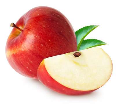 Isolated apples. Whole red apple fruit with slice (cut) with leaves isolated on white with clipping path