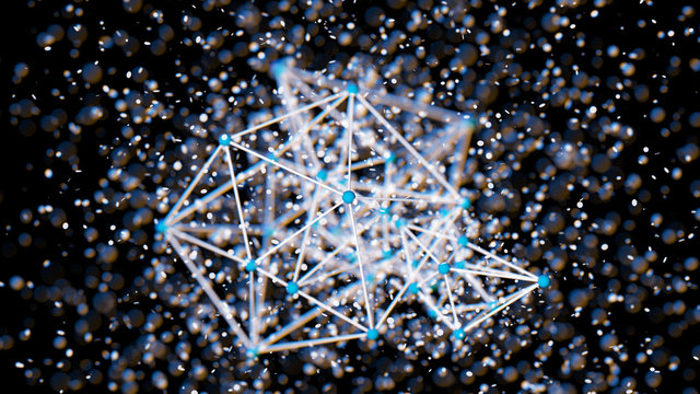 Colorful atom grid plexus shape, blur bokeh defocused on black background