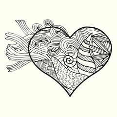 Zentangle heart  with abstract floral pattern inside. Design element for Valentine`s day. Adult coloring book page. Black and white.