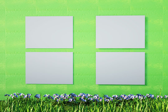 3D Illustration of empty frames on the wall in the room green wall against lawn grass