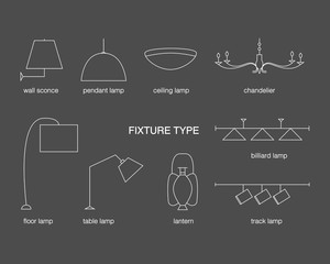 Vector fixture types. Lamp line icon set on a black background. Wall sconce, pendant lamp, ceiling, chandelier, billiard lamp, table lamp, lantern, track lamp, floor lamp