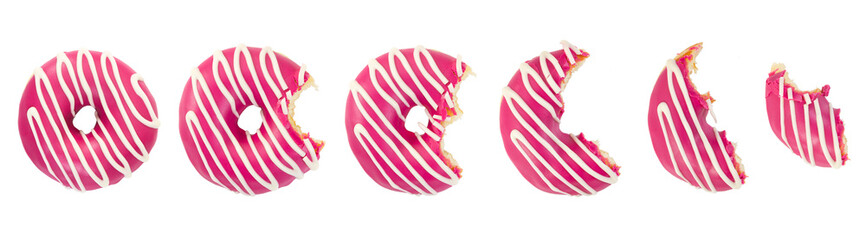 Eaten donut with pink icing and white stripes - obrazy, fototapety, plakaty