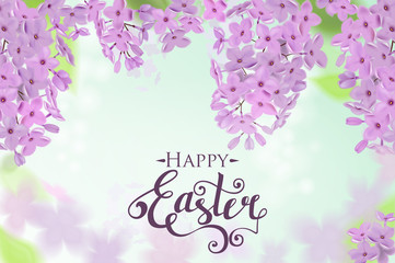 Happy easter card with lettering, lilac flowers bouquet and doodle branches. Vector